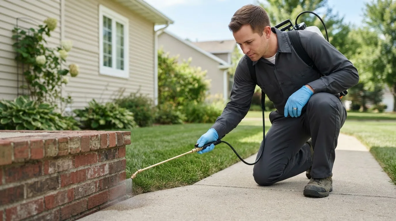Pest control technician treating a home near Deep River, IA