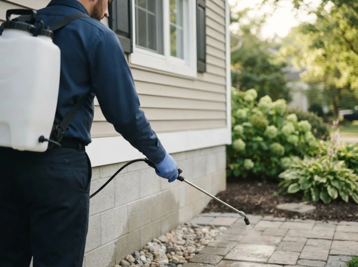 Pest control technician inspecting a home in Deep River, IA